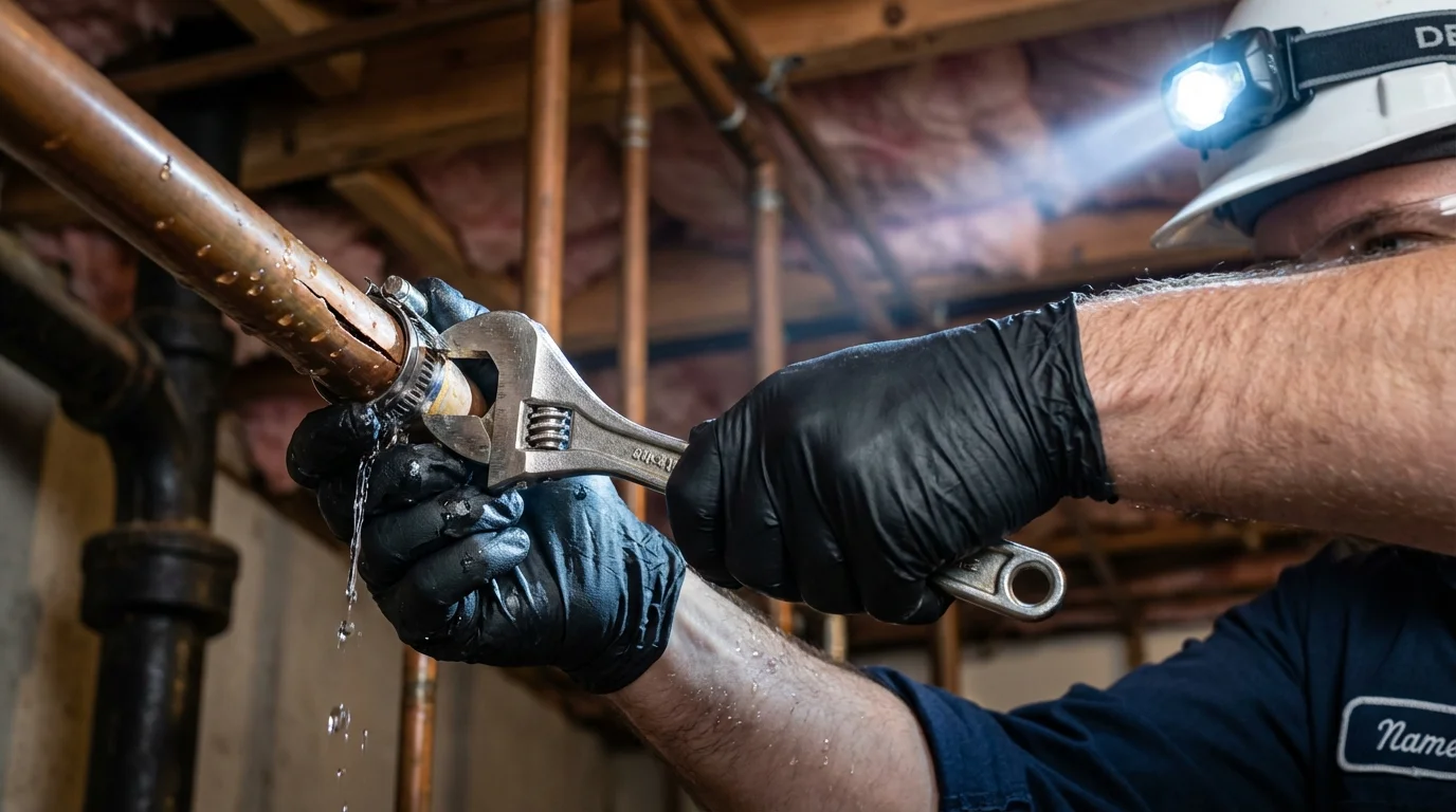 Emergency pipe clamp repair being performed by a Johns Plumbing LLC plumber in Bethel