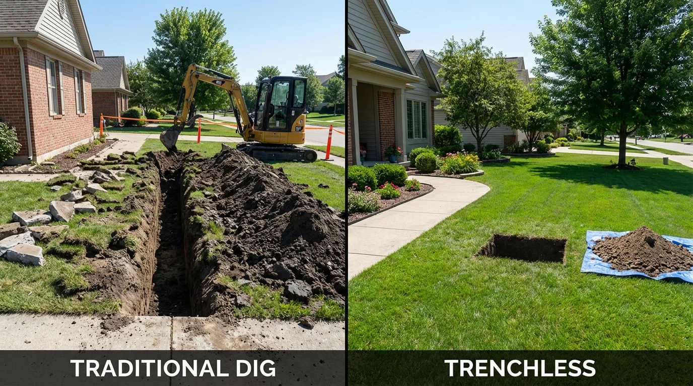 Trenchless sewer repair with minimal yard damage versus traditional excavation in Bethel, CT